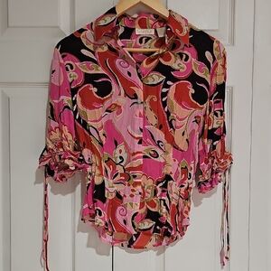 ✨ Caviar Printed Button-Up Blouse | Pink Red Paisley Statement Top ✨